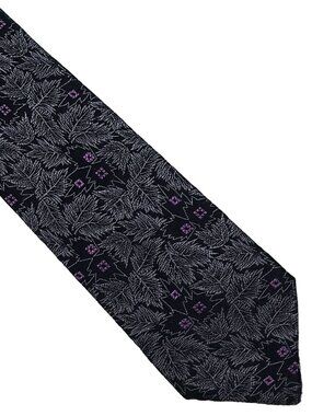 Bachrach Black Silver Leaves Purple Accents Jacquard Silk Tie Necktie 3.5 x 60
